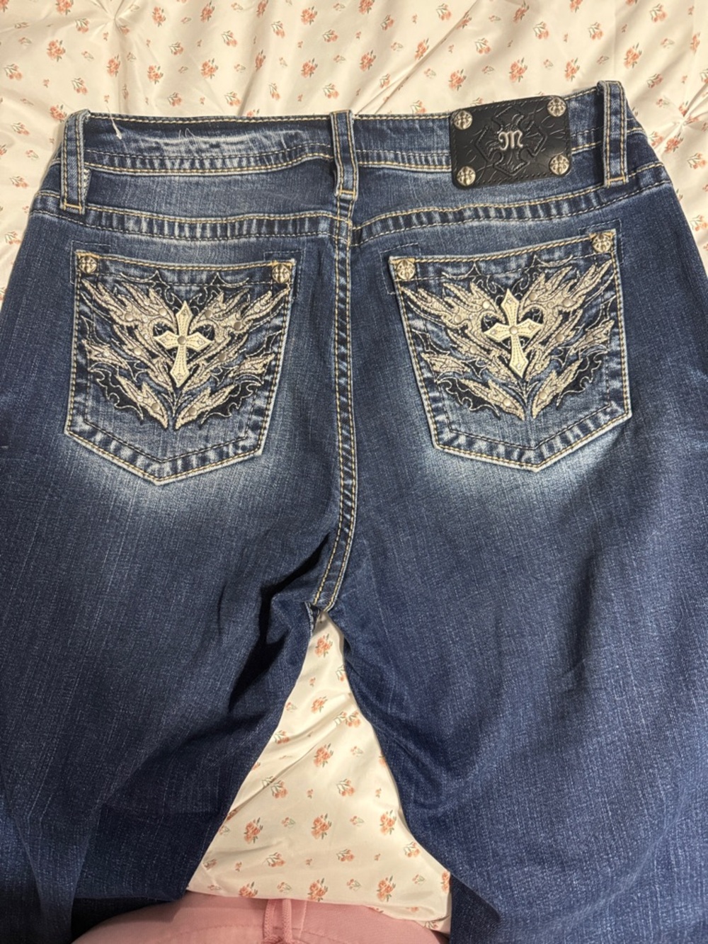 Miss Me Dark Blue Embroidered Bootcut Jeans with Cross Pockets